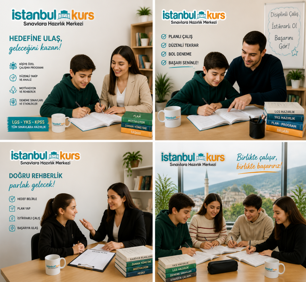 bursa-egitim-kocluğu ve istanbul-kurs-merkezi-lgs-hazirlik | Group of students studying at a desk with a tutor, Istanbul Kurs logo visible on the wall and books stacked on the table (informative collage).
